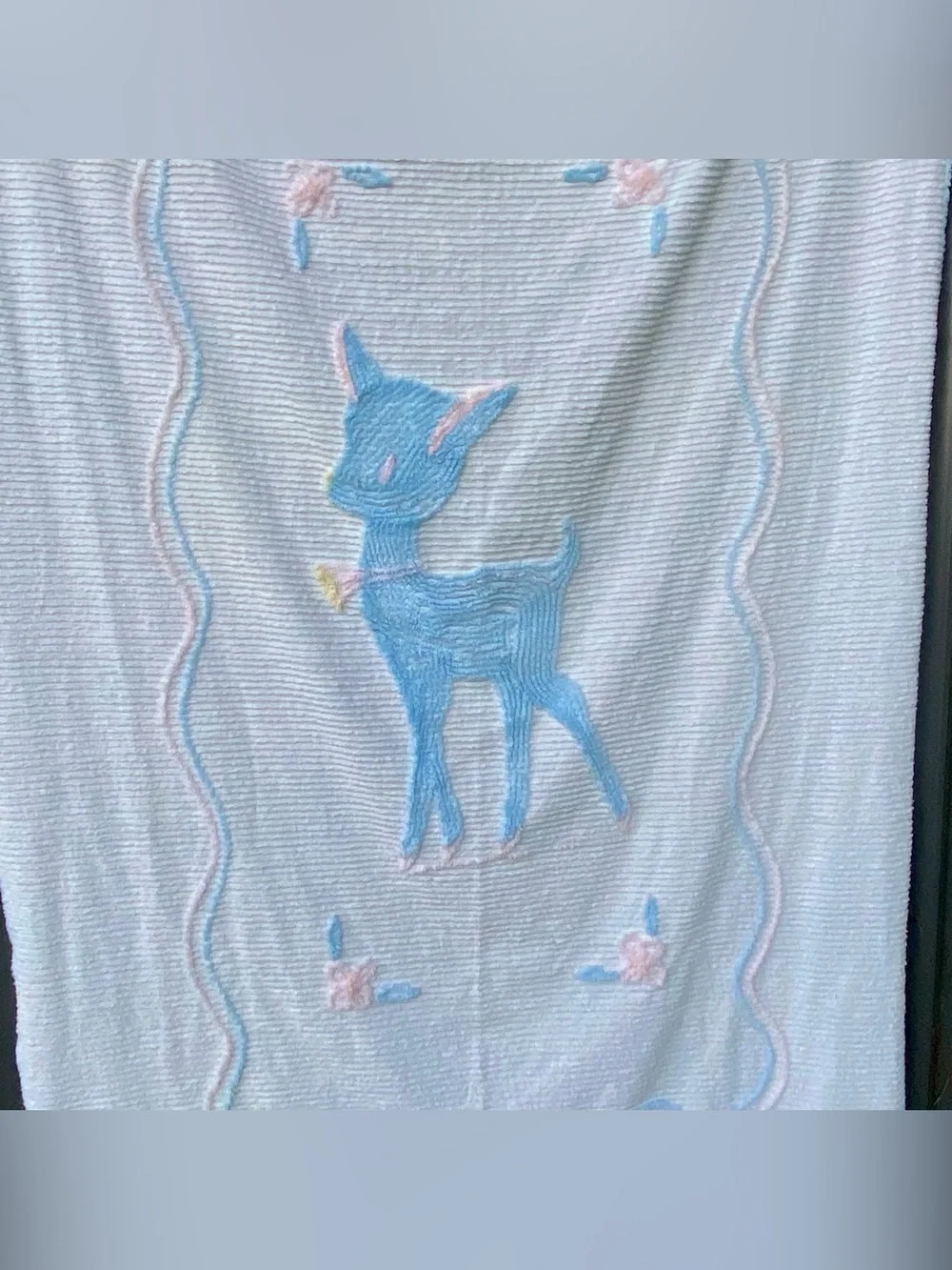Vintage Crib Blanket Blue Pink Baby Deer Chenille Blanket 41” x 62”